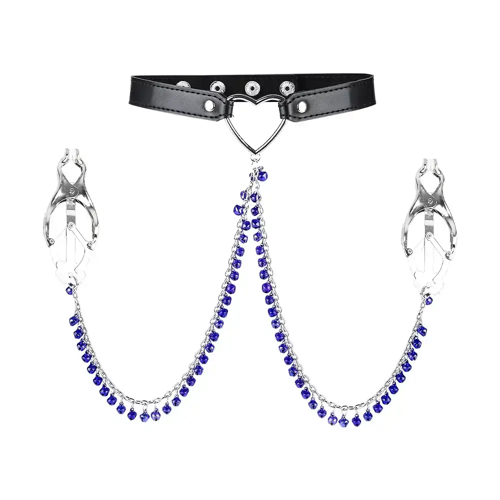 isensualflow de lederhalsband mit brustwarzenklemmen silber